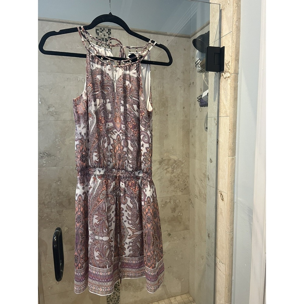 White House Black Market XS Chiffon Floral Paisley Drop Waist Cutout Dress Pink